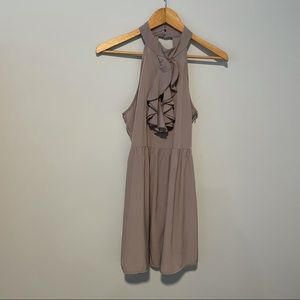 Lulus | Grey Modified Halter Ruffle Front Fit and Flare Dress Small
